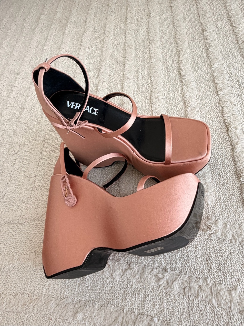Versace Rose Gold Satin Platform Wedge Sandals / Size US 9.5/10 - Picture 5 of 8
